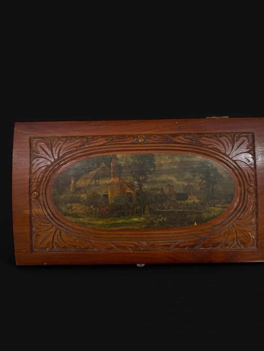 Vintage Hand-Carved Wooden Jewelry Box with Scenic Inlay